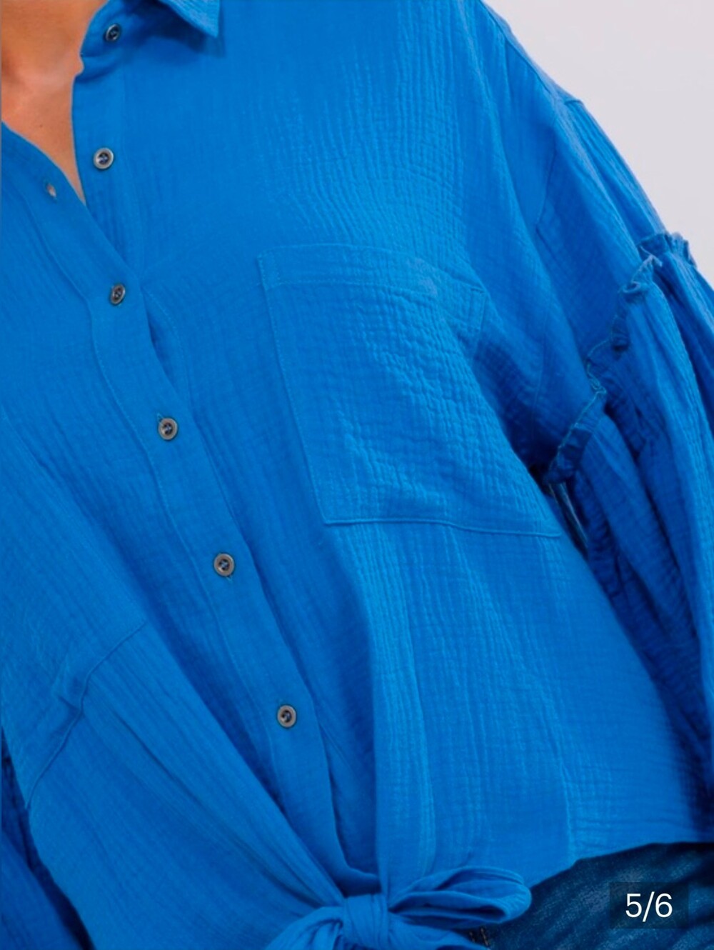 Peach Love California Teal Blue Balloon Sleeve Button Up Tie Front Top Bohemian - Picture 10 of 10